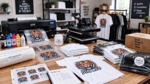 Small T-shirt business comparing a DTF printer with outsourced transfers