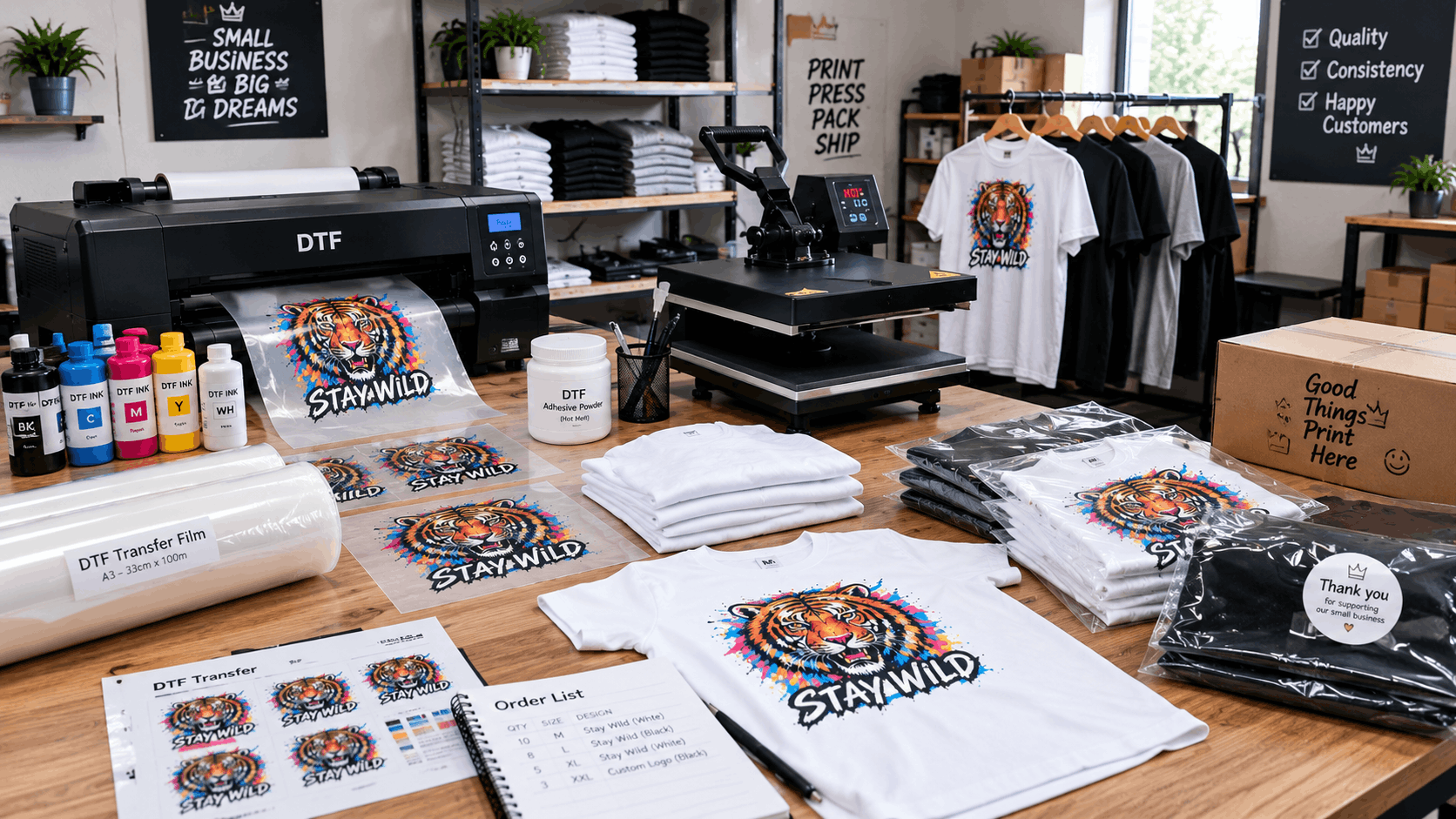 Small T-shirt business comparing a DTF printer with outsourced transfers