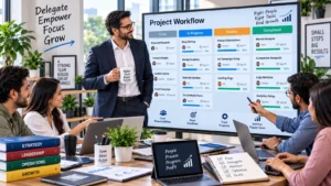 Delegation in small business with tasks and responsibilities assigned across a growing team