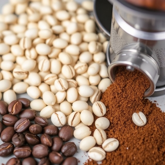 Dense coffee beans beside a burr grinder for light-roasted coffee