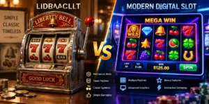 Side-by-side comparison graphic of a vintage mechanical slot machine and a modern digital slot screen