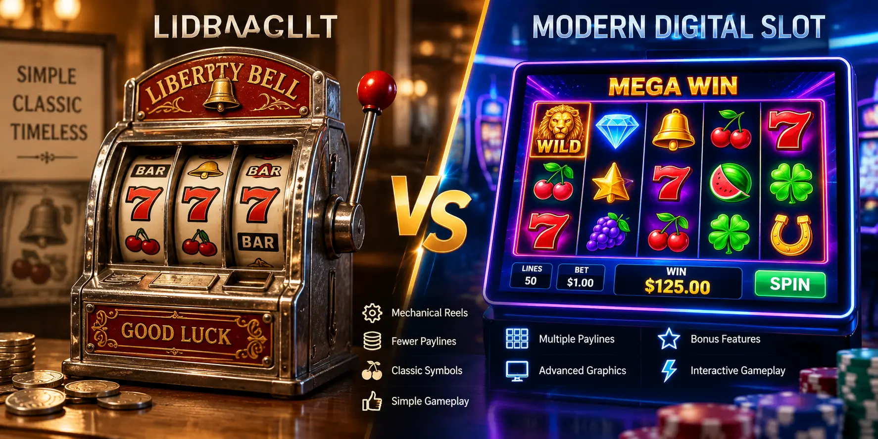 Side-by-side comparison graphic of a vintage mechanical slot machine and a modern digital slot screen