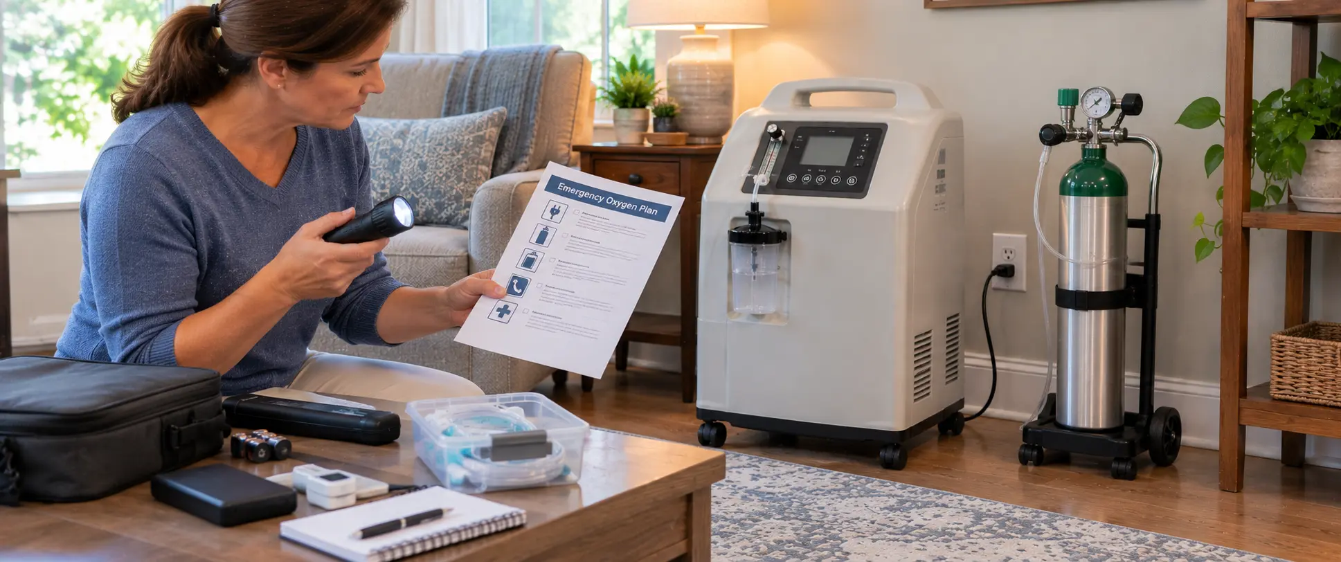 Oxygen concentrator power outage preparation with a stationary concentrator, secured backup oxygen cylinder, and emergency plan.